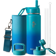 Water Bottle 40 oz Insulated with Straw&Brush, Coolflask Vaccum Stainless Steel Metal 3 Lids Water Flask for Sports, Gym or Office, Keep Cold 48H Hot 24H, Magic Black