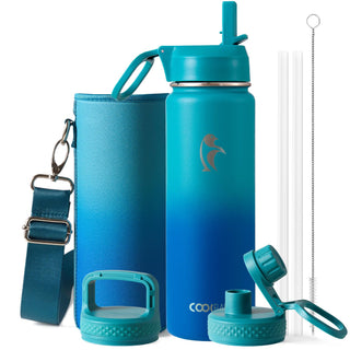 Water Bottle 40 oz Insulated with Straw&Brush, Coolflask Vaccum Stainless Steel Metal 3 Lids Water Flask for Sports, Gym or Office, Keep Cold 48H Hot 24H, Magic Black