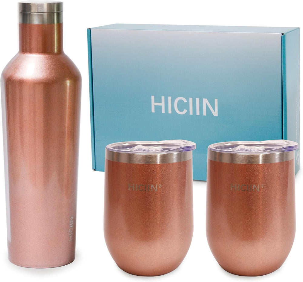 Stainless Steel Wine Tumblers with Lid TWO 12oz & Insulated Wine bottle ONE 25oz&Gift Set with well packaged box.Keep water,wine,drinks with warm or cold (Champagne Gold)