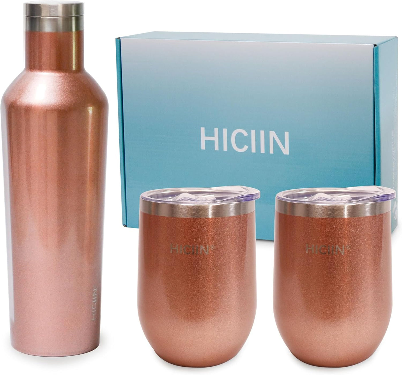 Stainless Steel Wine Tumblers with Lid TWO 12oz & Insulated Wine bottle ONE 25oz&Gift Set with well packaged box.Keep water,wine,drinks with warm or cold (Champagne Gold)