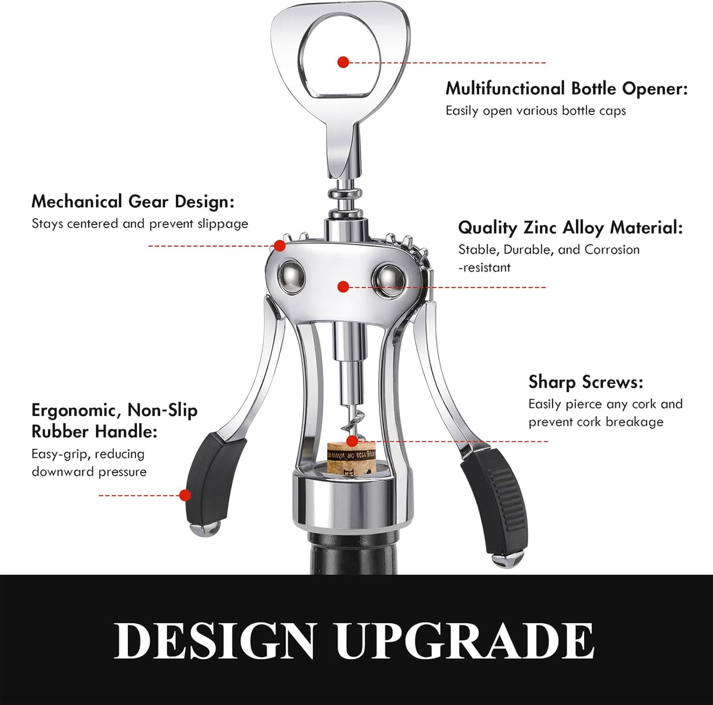 KORCCI Wine Opener, Heavy-Duty Zinc Alloy Wing Corkscrew, Premium Beer Bottle Opener, Multifunctional Wine Accessories with Ergonomic Handle and Sharp Screw, for Kitchen, Bar, Restaurant (SILVER)