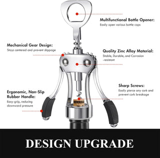 KORCCI Wine Opener, Heavy-Duty Zinc Alloy Wing Corkscrew, Premium Beer Bottle Opener, Multifunctional Wine Accessories with Ergonomic Handle and Sharp Screw, for Kitchen, Bar, Restaurant (SILVER)