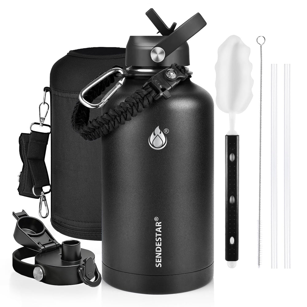SENDESTAR Water Bottle 32oz Double Wall Vacuum Insulated Leak Proof Stainless Steel Sports Water Bottle—Wide Mouth with New Flex Straw Lid & Spout Lid (Deep Blue&Black)