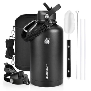 SENDESTAR Water Bottle 32oz Double Wall Vacuum Insulated Leak Proof Stainless Steel Sports Water Bottle—Wide Mouth with New Flex Straw Lid & Spout Lid (Deep Blue&Black)