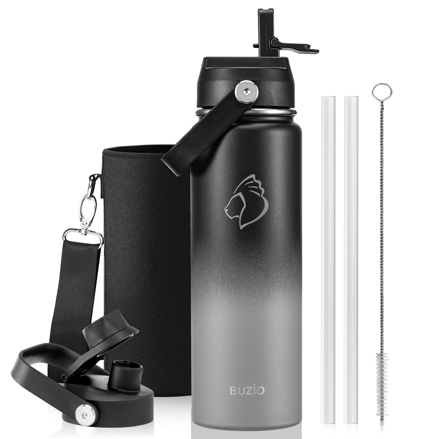 BUZIO 40oz Insulated Water Bottle, Triple Wall Vacuum Stainless Steel Water Flask with 2 lids, Lead-Free BPA-Free Straw Lid Sports Canteen Jug, Cold 48H & Hot 24H- Black