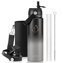 BUZIO 40oz Insulated Water Bottle, Triple Wall Vacuum Stainless Steel Water Flask with 2 lids, Lead-Free BPA-Free Straw Lid Sports Canteen Jug, Cold 48H & Hot 24H- Black