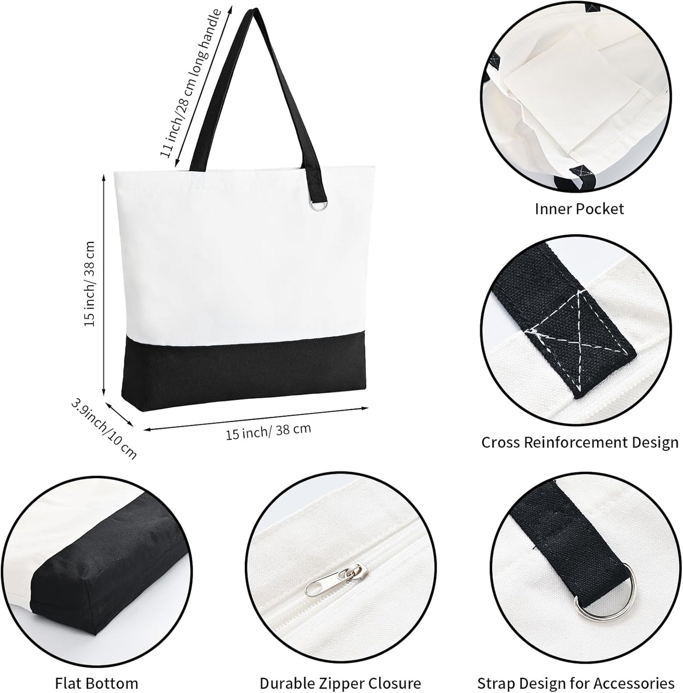 12 Pack Canvas Tote Bags with Zipper, HWJH Blank Reusable Grocery Bags, Widened Washable Bag with Inner Pocket, Shopping Travel Large Tote Bag for DIY Heat Transfer, Christmas Craft Gift (Black/White)