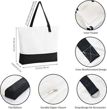 12 Pack Canvas Tote Bags with Zipper, HWJH Blank Reusable Grocery Bags, Widened Washable Bag with Inner Pocket, Shopping Travel Large Tote Bag for DIY Heat Transfer, Christmas Craft Gift (Black/White)