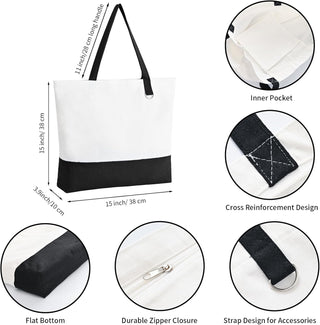 12 Pack Canvas Tote Bags with Zipper, HWJH Blank Reusable Grocery Bags, Widened Washable Bag with Inner Pocket, Shopping Travel Large Tote Bag for DIY Heat Transfer, Christmas Craft Gift (Black/White)