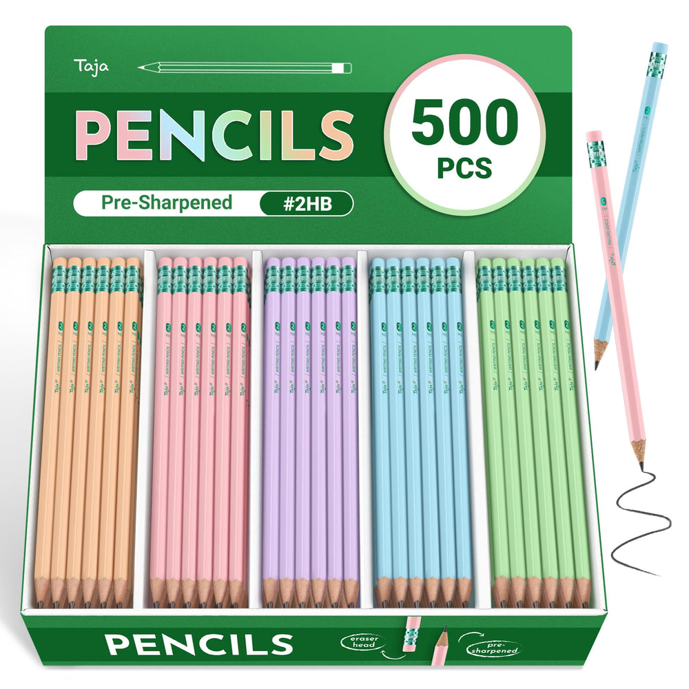 Taja 50 Pack Wood-Cased #2 HB Pencils, Bulk Pre-Sharpened Pencils with Top Erasers, Perfect for School & Classroom Writing and Drawing - Macaron