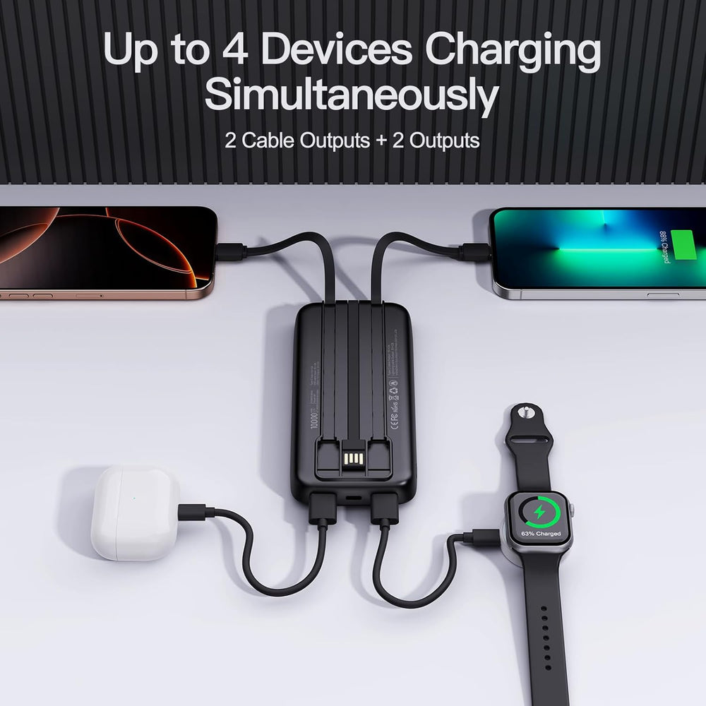2026 2-Pack 10000mAh Portable Charger with Built in Cables, Travel Essential Battery Pack, 4 Outputs 2 Inputs Slim Power Bank with Cord Wires for iPhone 17/16/15/14, Samsung Galaxy S23/22, Pixel etc