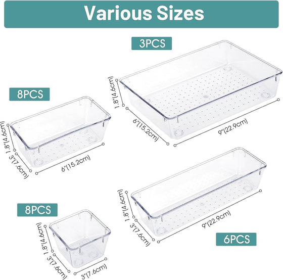 WOWBOX 25 PCS Clear Plastic Drawer Organizer Set, 4 Sizes Desk Drawer Divider Organizers and Storage Bins for Makeup, Jewelry, Gadgets for Kitchen, Bedroom, Bathroom, Office - hover image