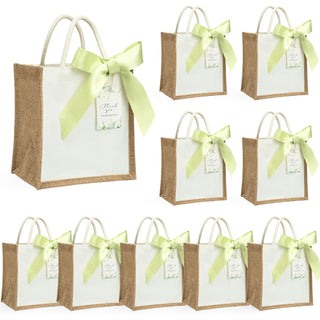 JollyFayre Small Burlap Gift Bags 10 Pack for Wedding Welcome, Bachelorette, Beach, Bridesmaid - Reusable Bulk Jute Bags with Cream Ribbons
