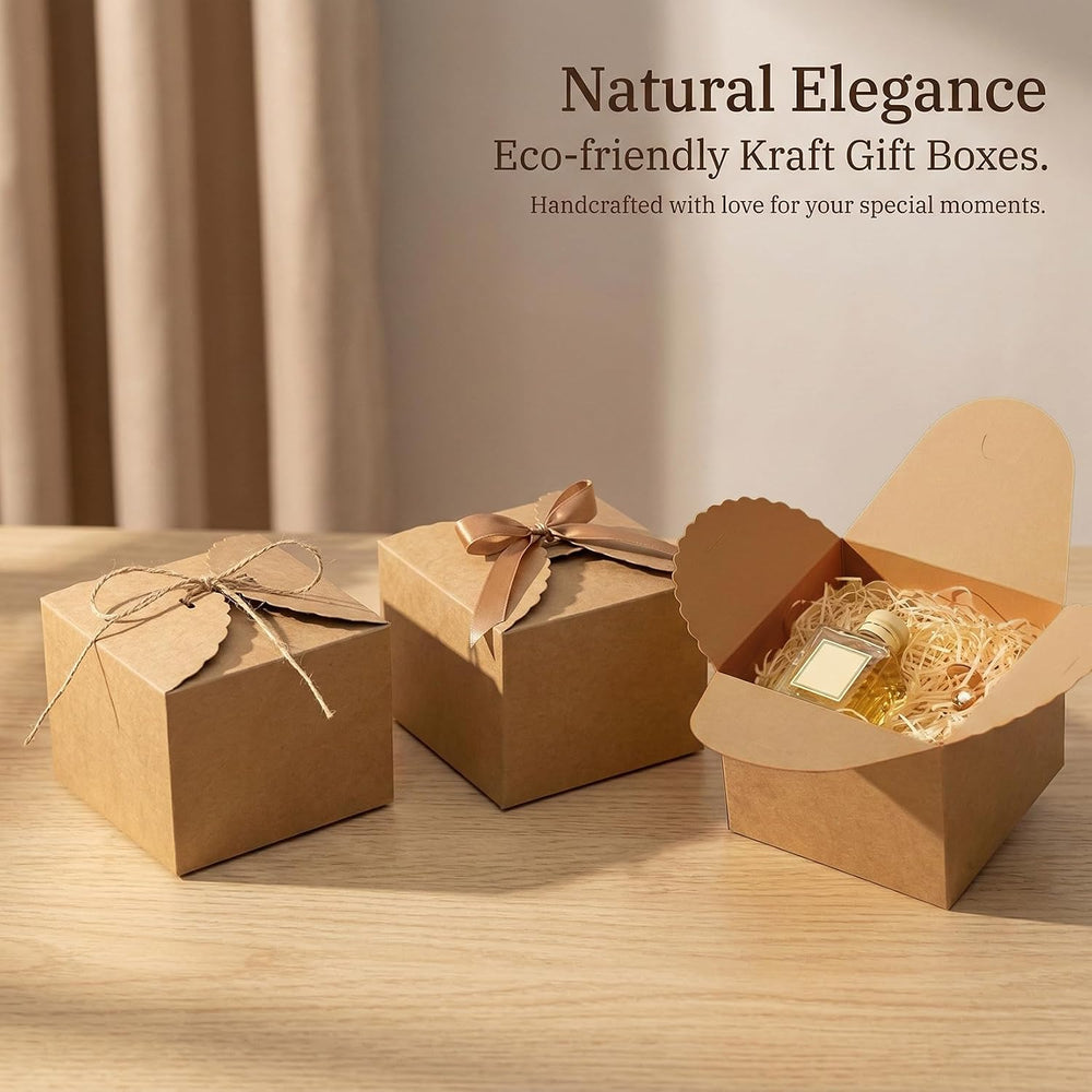 RAINFLOW Eco-Friendly Brown Kraft Gift Boxes with Satin Ribbon – 12x12x9 cm, Small Square Boxes for Weddings, Birthdays, Party Favors 10-Pack, Bulk Packaging, Recyclable Paper