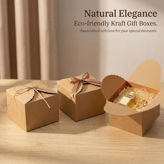 RAINFLOW Eco-Friendly Brown Kraft Gift Boxes with Satin Ribbon – 12x12x9 cm, Small Square Boxes for Weddings, Birthdays, Party Favors 10-Pack, Bulk Packaging, Recyclable Paper