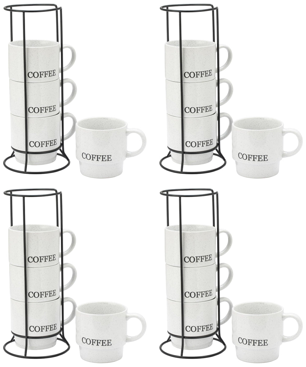 Signature Housewares Stackable Coffee Mug Tower Set with Metal Wire Rack - 15 Ounce Coffee Mugs for Coffee, Tea, Cocoa, Milk, Cappuccino, Hot Chocolate Set of 4 - Be Happy Matte Black