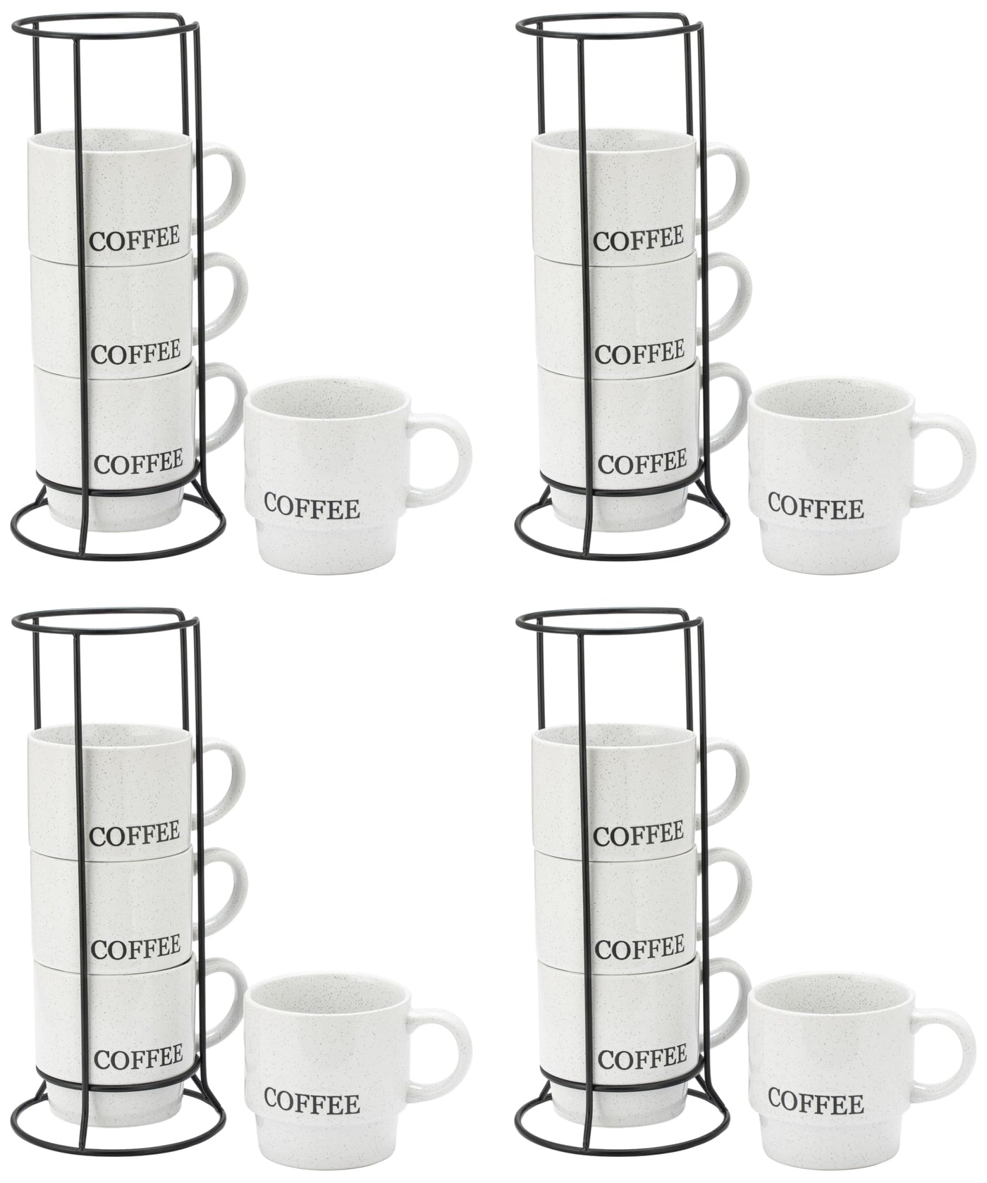 Signature Housewares Stackable Coffee Mug Tower Set with Metal Wire Rack - 15 Ounce Coffee Mugs for Coffee, Tea, Cocoa, Milk, Cappuccino, Hot Chocolate Set of 4 - Be Happy Matte Black