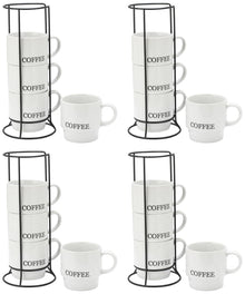 Signature Housewares Stackable Coffee Mug Tower Set with Metal Wire Rack - 15 Ounce Coffee Mugs for Coffee, Tea, Cocoa, Milk, Cappuccino, Hot Chocolate Set of 4 - Be Happy Matte Black