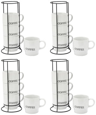 Signature Housewares Stackable Coffee Mug Tower Set with Metal Wire Rack - 15 Ounce Coffee Mugs for Coffee, Tea, Cocoa, Milk, Cappuccino, Hot Chocolate Set of 4 - Be Happy Matte Black