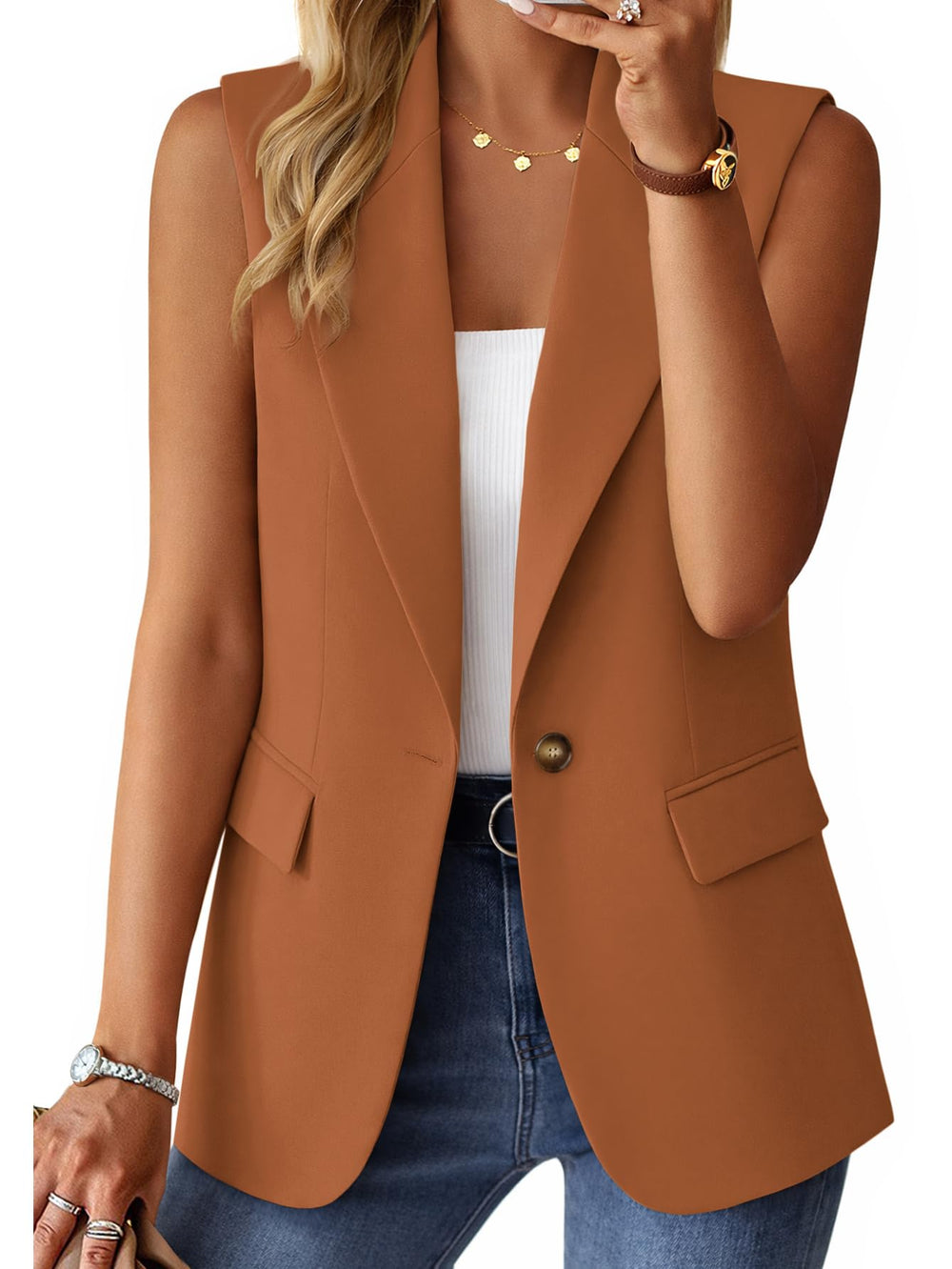 Mina Self 2026 Summer Women's Sleeveless Vest Tops - Lightweight Breathable Lined Trendy Casual Work Office Blazer - Pockets