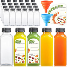 24 PACK, 12 OZ Reusable Thicker Plastic Juice Bottles with Caps, Plus 24 Labels & 2 Funnels - Clear Juicing Bottles for Juice, Smoothies, Ginger, Tea, Coffee -Food Grade & Travel Leakproof & Freezable