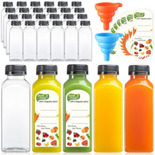24 PACK, 12 OZ Reusable Thicker Plastic Juice Bottles with Caps, Plus 24 Labels & 2 Funnels - Clear Juicing Bottles for Juice, Smoothies, Ginger, Tea, Coffee -Food Grade & Travel Leakproof & Freezable
