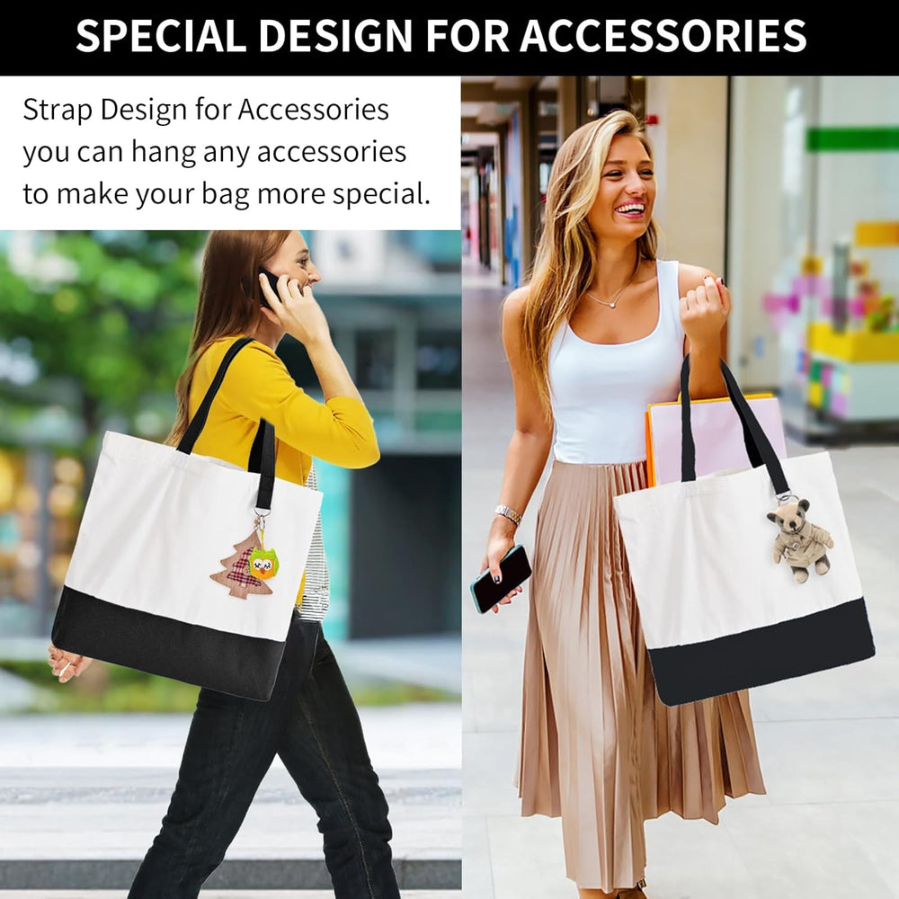 12 Pack Canvas Tote Bags with Zipper, HWJH Blank Reusable Grocery Bags, Widened Washable Bag with Inner Pocket, Shopping Travel Large Tote Bag for DIY Heat Transfer, Christmas Craft Gift (Black/White)