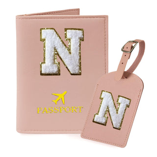 COSHAYSOO Purple Passport Cover Holder and Initial Luggage Tag Set TSA Approved with Personalized Monogram Chenille Letter Patch for Women Teen Girls, Cute Travel Bag Suitcase Identifier (A)