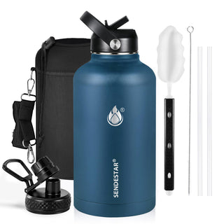SENDESTAR Water Bottle 32oz Double Wall Vacuum Insulated Leak Proof Stainless Steel Sports Water Bottle—Wide Mouth with New Flex Straw Lid & Spout Lid (Deep Blue&Black)