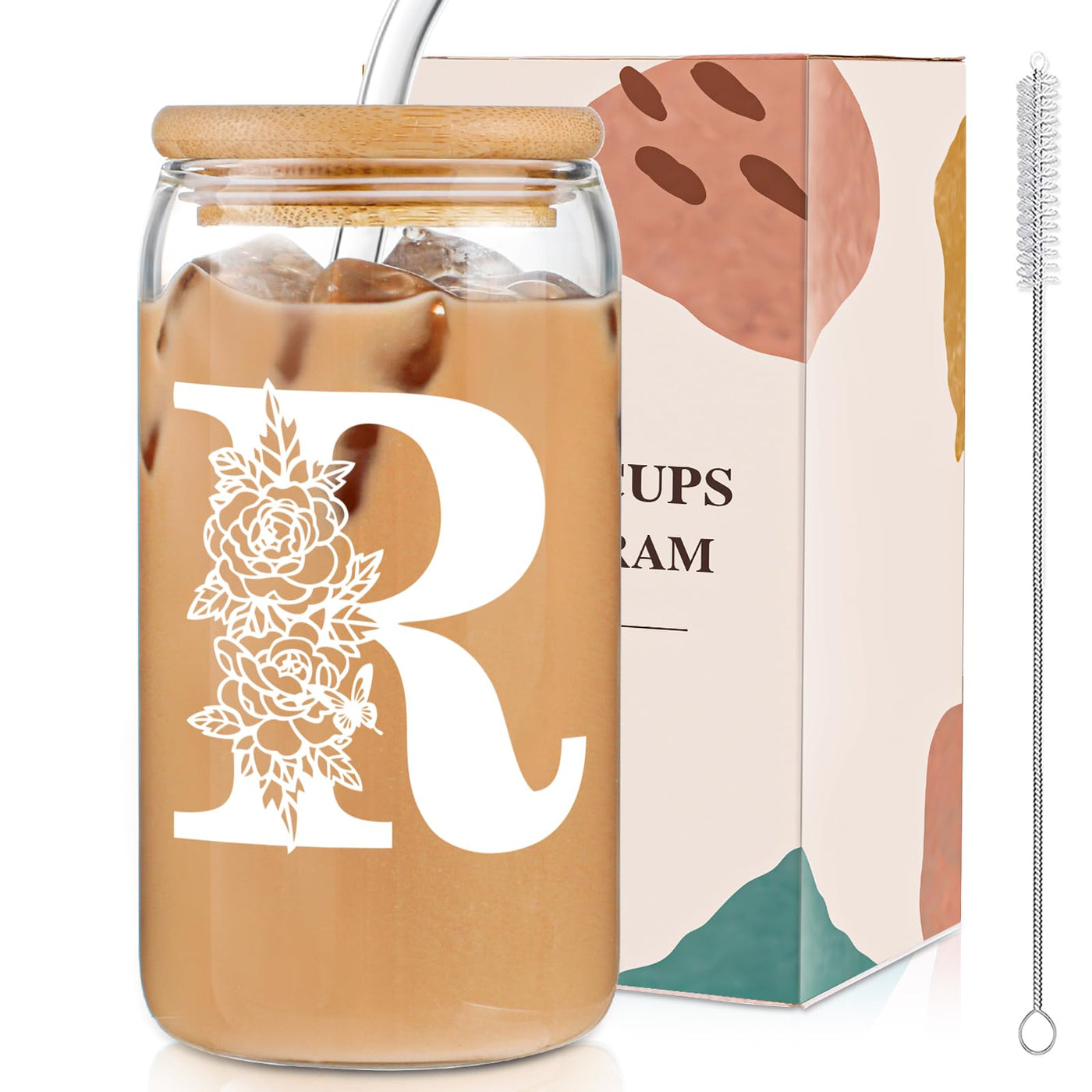 DWTS DANWEITESI Birthday Gifts for Women: Initial Glass Cup as Office Graduation Memorial Holiday Personalized Gifts - for Teacher Employee Nurse Coworkers Bridesmaid Bride - R Aesthetic Cup