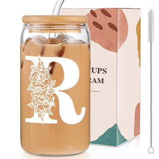 DWTS DANWEITESI Birthday Gifts for Women: Initial Glass Cup as Office Graduation Memorial Holiday Personalized Gifts - for Teacher Employee Nurse Coworkers Bridesmaid Bride - R Aesthetic Cup