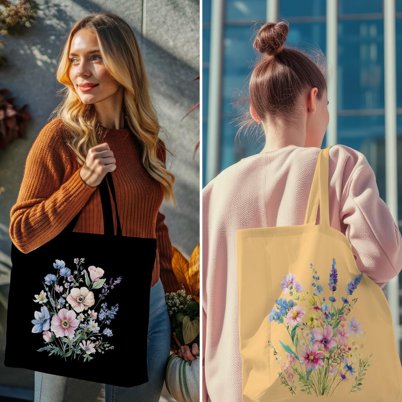Decohim Multiple Packs Floral Japanese Print Canvas Tote Bag Reusable Grocery Bags Gifts for Women Girls Birthday Christmas