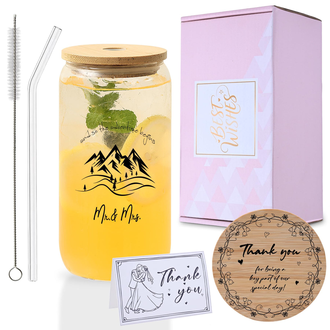 Mr. & Mrs. Glass Tumbler Set, 16oz Glass Cups with Bamboo Lids, Straws & Coasters, Bridal Shower & Wedding Thank You Gift for Couples