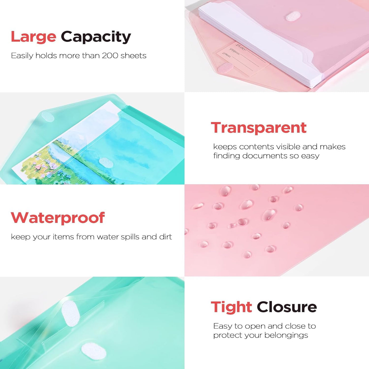 Sooez 10Pack Plastic Envelopes, Plastic File Folders, Clear Folders for Documents Trendy Colors, Super Heavyweight Document Holders, Storage Pouches, File Envelopes for School Office Supplies