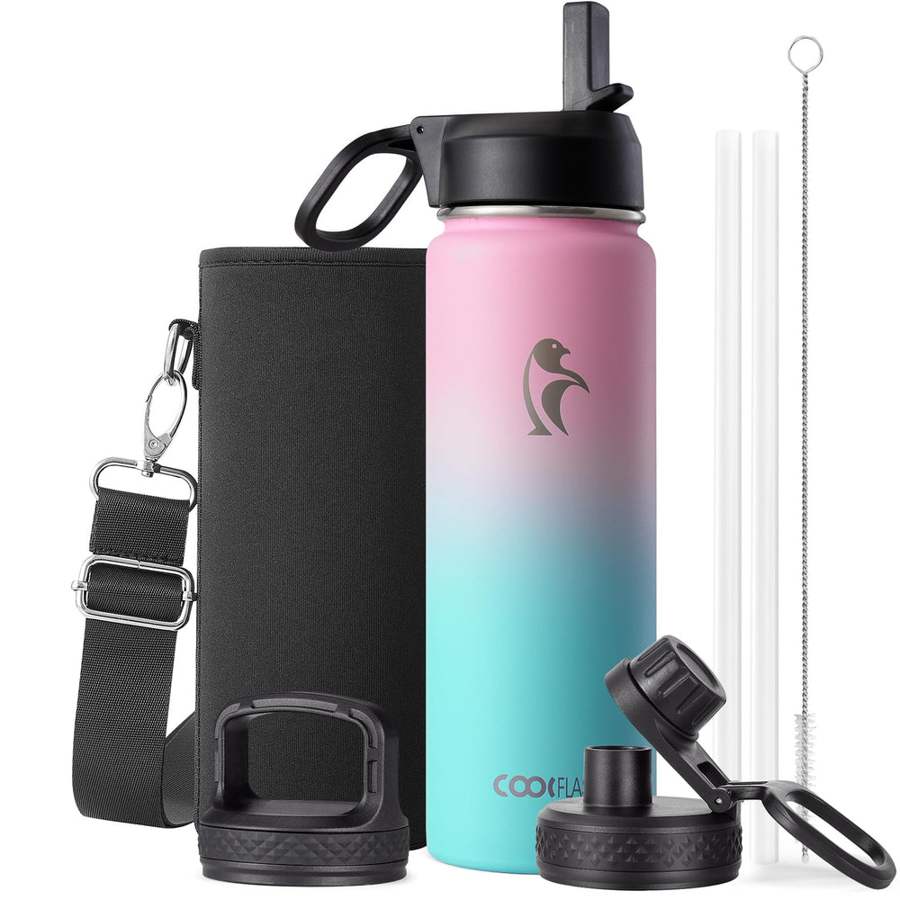 Water Bottle 40 oz Insulated with Straw&Brush, Coolflask Vaccum Stainless Steel Metal 3 Lids Water Flask for Sports, Gym or Office, Keep Cold 48H Hot 24H, Magic Black