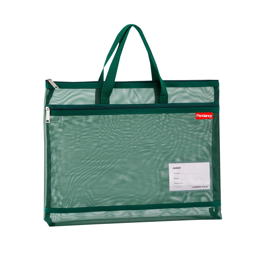 Pendancy Mesh Zipper Pouch A4 Size, Large Double Pocket Waterproof File Bag with Handle, 11x13.8 in Foldable Document Storage for Puzzle Project/Cross Stitch/Travel/Office（Advanced Green）