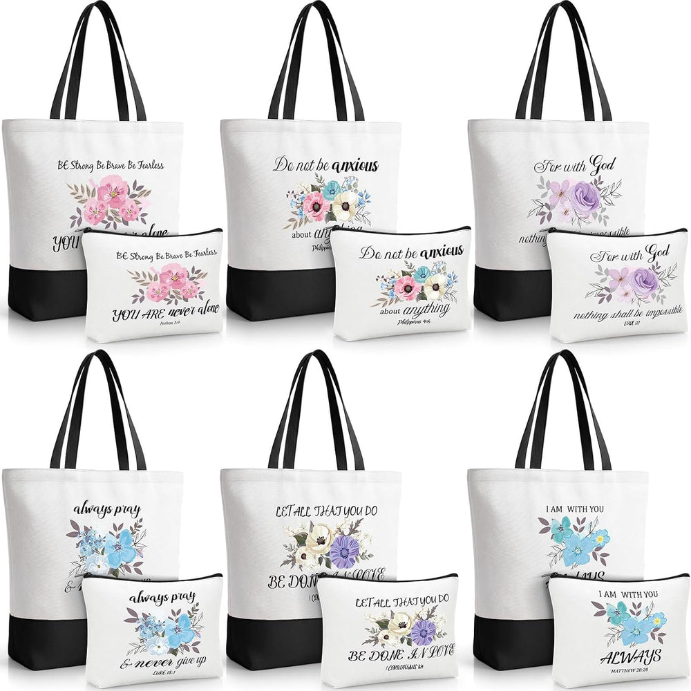 Aliceset 12 Pcs Christian Religious Gift for Women Bulk Included Bible Verse Canvas Tote Bag with Cosmetic Bag for Her Women Sister Mom Wife Birthday Mothers Day(Classic)