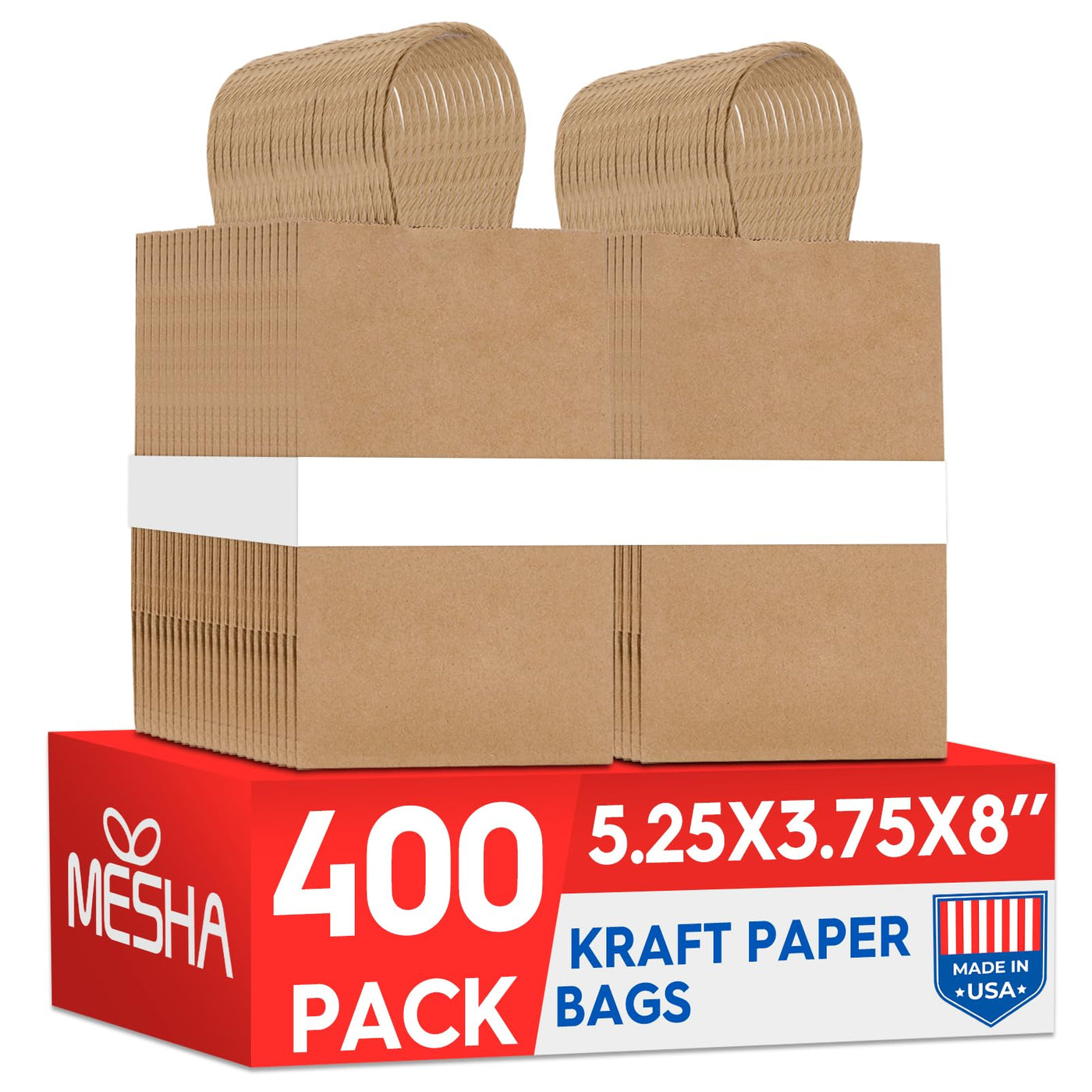 MESHA Brown Paper Bags 8x4.25x10.5 Inch 20Pcs, Paper Bags with Handles, Sturdy Brown Gift Bags for Retail, Birthday Party Favors, Shopping, Small Business (Made in USA)