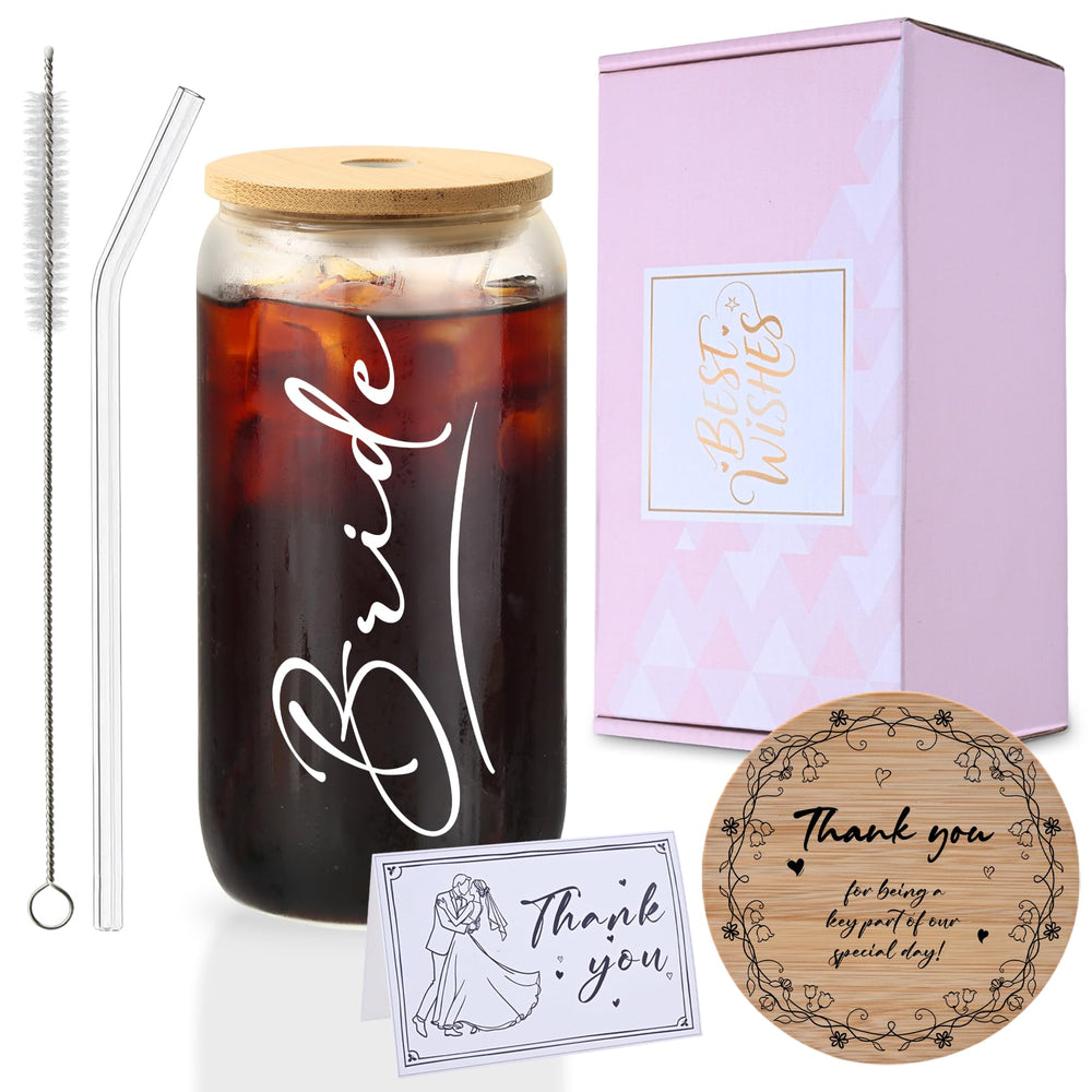 Mr. & Mrs. Glass Tumbler Set, 16oz Glass Cups with Bamboo Lids, Straws & Coasters, Bridal Shower & Wedding Thank You Gift for Couples