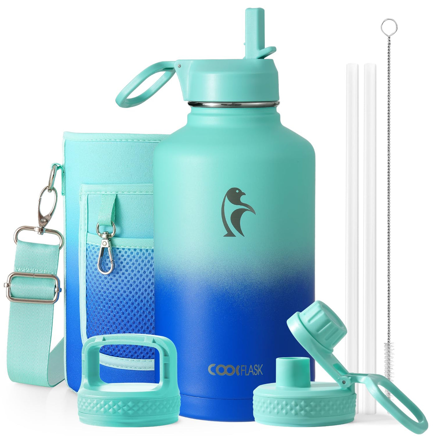 Water Bottle 40 oz Insulated with Straw&Brush, Coolflask Vaccum Stainless Steel Metal 3 Lids Water Flask for Sports, Gym or Office, Keep Cold 48H Hot 24H, Magic Black