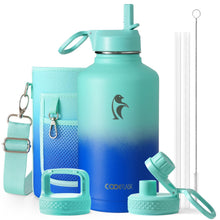 Water Bottle 40 oz Insulated with Straw&Brush, Coolflask Vaccum Stainless Steel Metal 3 Lids Water Flask for Sports, Gym or Office, Keep Cold 48H Hot 24H, Magic Black