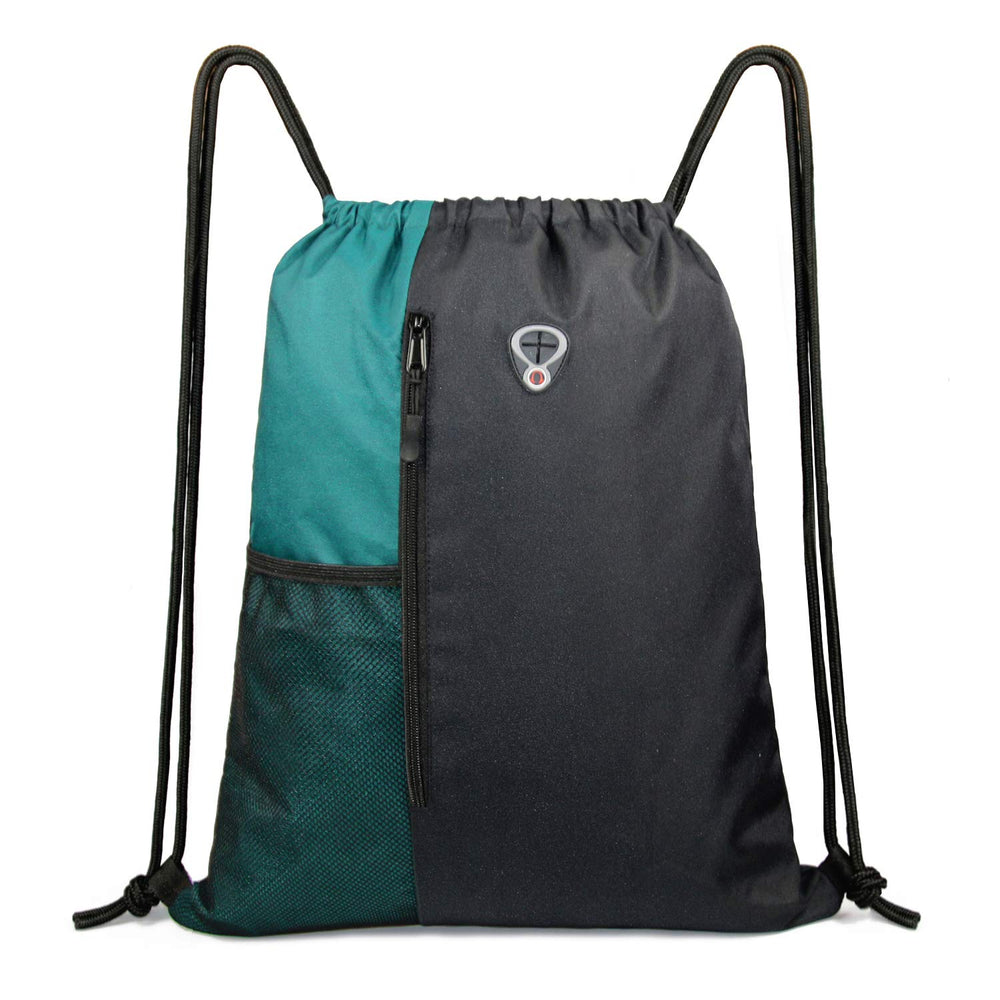 BeeGreen Black Drawstring Backpack Gym Bag For Men Women String Sports Backpack With Water Bottle Mesh Pockets And 2 Zippered Pocket Large Cinch Sackpack Workout Bag 16" x 20"