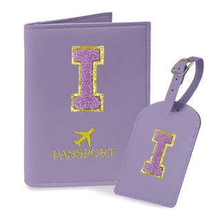 COSHAYSOO Purple Passport Cover Holder and Initial Luggage Tag Set TSA Approved with Personalized Monogram Chenille Letter Patch for Women Teen Girls, Cute Travel Bag Suitcase Identifier (A)