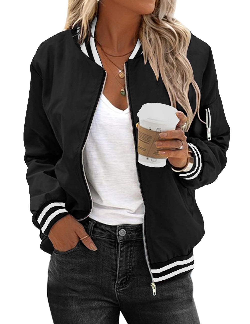 Zeagoo Women's Bomber Jacket Casual Coat Zip Up Spring Fall Clothes with Pockets S-XXL