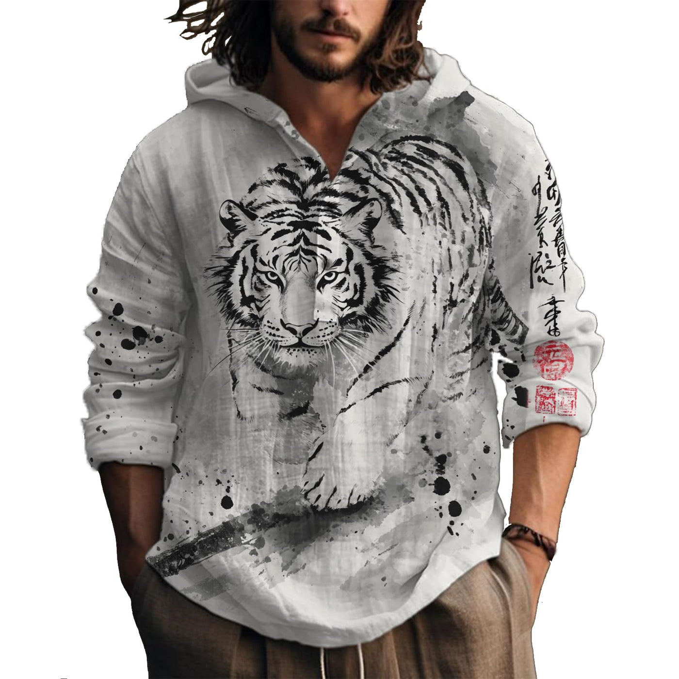 MARSVOVO Hooded Long Sleeve Shirt Men Fashion Graphic Button Up Lightweight Big and Tall Casual Vacation Shirts for Men