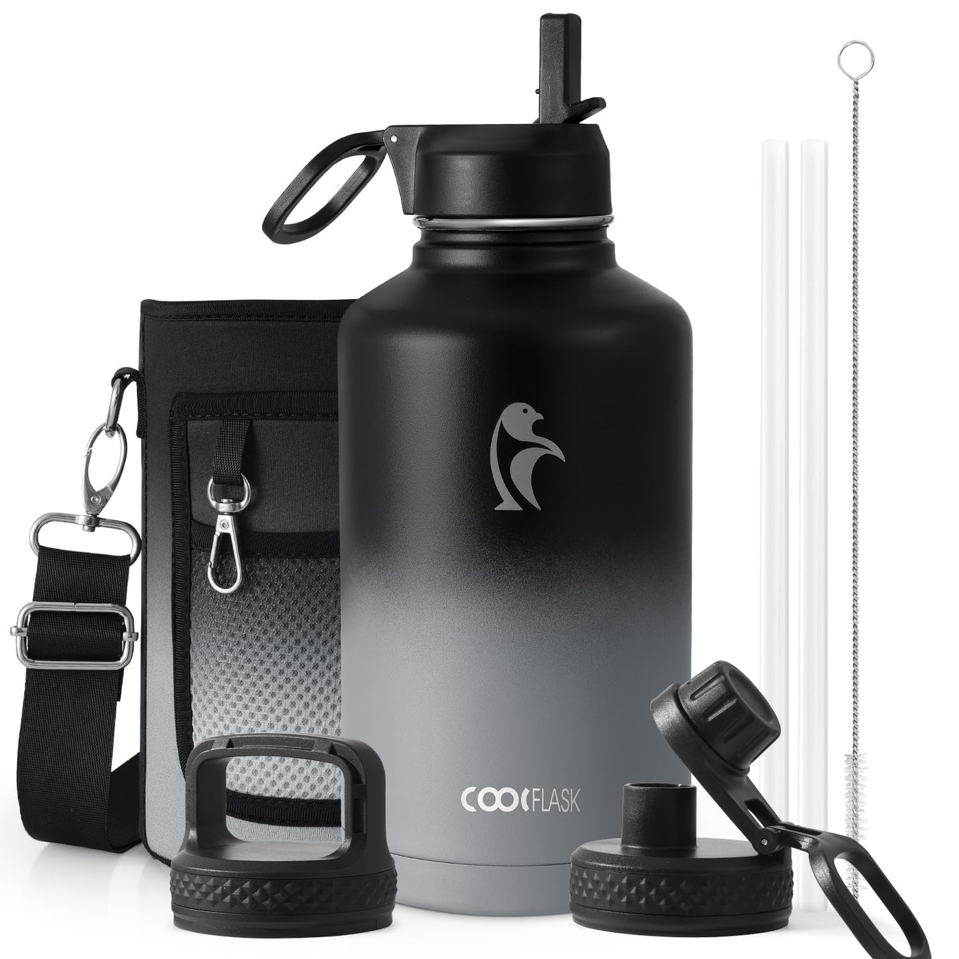 Water Bottle 40 oz Insulated with Straw&Brush, Coolflask Vaccum Stainless Steel Metal 3 Lids Water Flask for Sports, Gym or Office, Keep Cold 48H Hot 24H, Magic Black