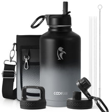 Water Bottle 40 oz Insulated with Straw&Brush, Coolflask Vaccum Stainless Steel Metal 3 Lids Water Flask for Sports, Gym or Office, Keep Cold 48H Hot 24H, Magic Black