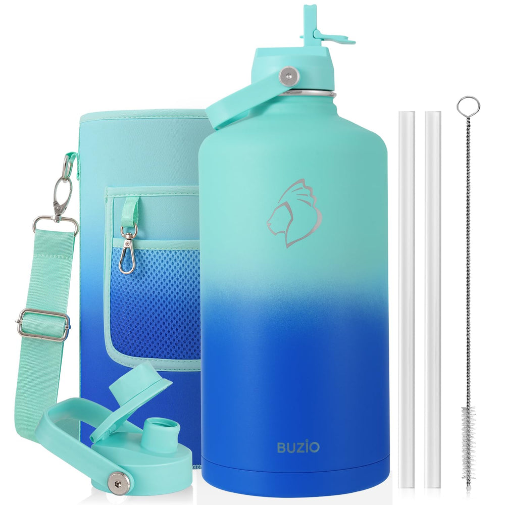 BUZIO 40oz Insulated Water Bottle, Triple Wall Vacuum Stainless Steel Water Flask with 2 lids, Lead-Free BPA-Free Straw Lid Sports Canteen Jug, Cold 48H & Hot 24H- Black