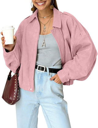Kissonic Womens Faux Suede Bomber Jacket Oversized Batwing Long Sleeve Zip Up Cropped Coat Streetwear
