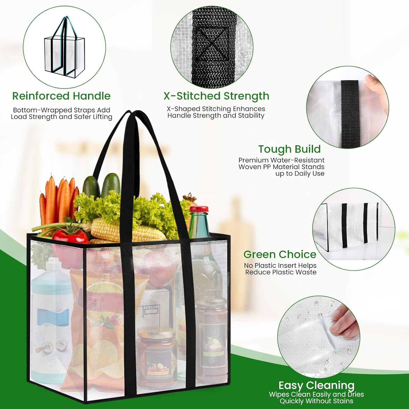 4 Pack Reusable Grocery Bags, Heavy-Duty Shopping Bags with Sturdy Handles, Water-Resistant & Foldable Organizer, Shopping Bags for Groceries, Market, Car Trunk, Multi-Purpose, 33L